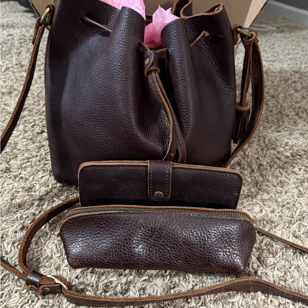 Portland Leather Dark Brown Leather Crossbody Bag Bundle